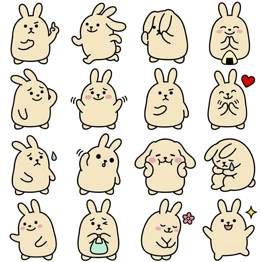 やさしく伝わる、ゆるうさぎの「小さくごめん＆ゆる敬語」16種セット