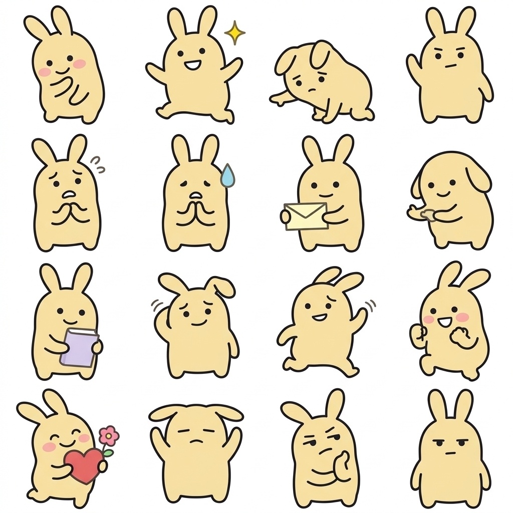 丁寧にやさしく伝わる、ゆるうさぎの「小さくごめん＆ゆる敬語」16種セット
