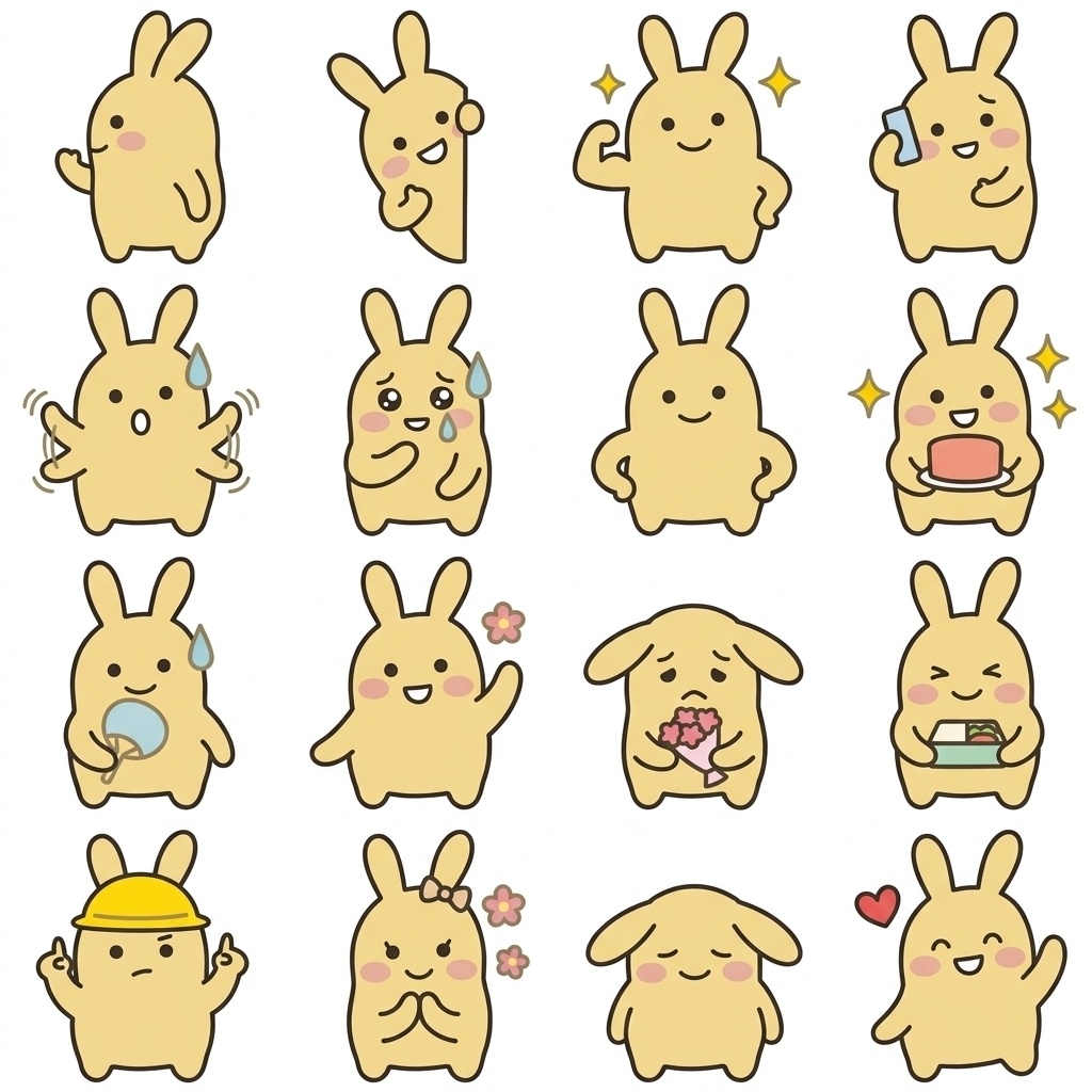 季節の挨拶や報告に、ゆるうさぎの「小さくごめん＆ゆる敬語」16種セット