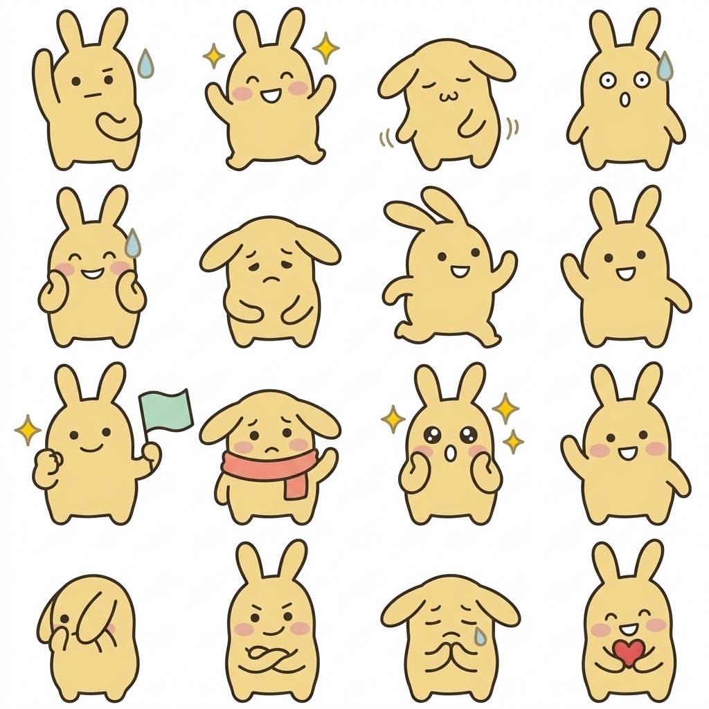 表情豊かに気持ちを伝える、ゆるうさぎの「小さくごめん＆ゆる敬語」16種セット
