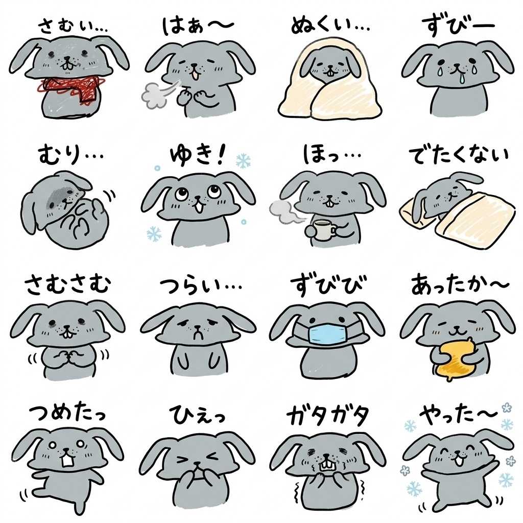 ゆるいグレーのうさぎ 寒さ・冬の16種イラストセット