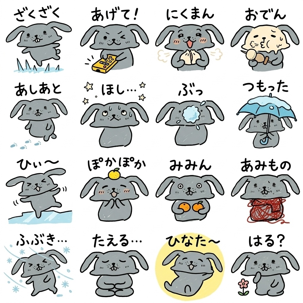 【手描き素材】ゆるいグレーのうさぎ 冬のリアクション16種イラストセット Part2