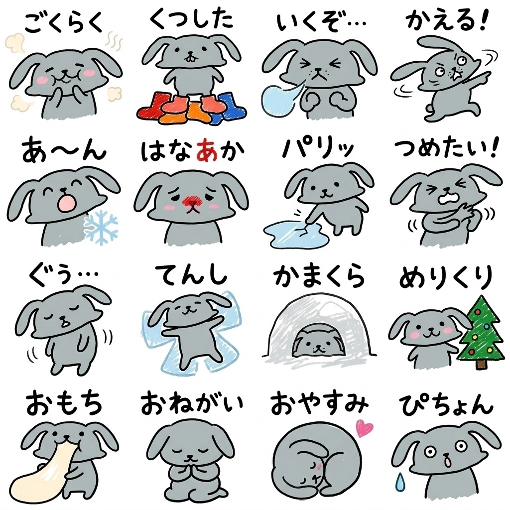 【手描き素材】ゆるいグレーのうさぎ 冬のリアクション16種イラストセット Part3