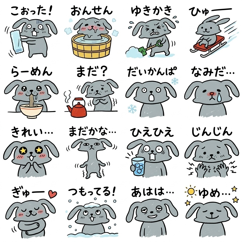 【手描き素材】ゆるくてかわいいグレーのうさぎ 冬のリアクション16種イラストセット Part4