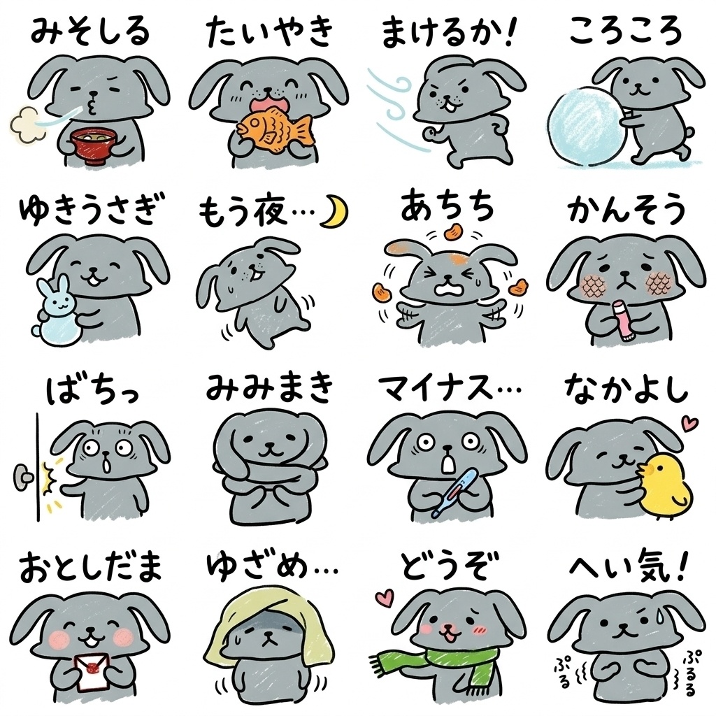 【手描き素材】ゆるくてかわいいグレーのうさぎ 冬のリアクション16種イラストセット Part5