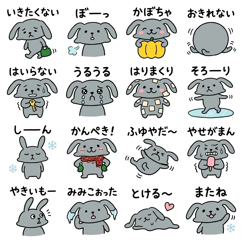 【手描き素材】ゆるくてかわいいグレーのうさぎ 冬のリアクション16種イラストセット Part6