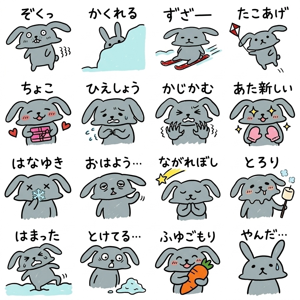 【手描き素材】ゆるくてかわいいグレーのうさぎ 冬のリアクション16種イラストセット Part7