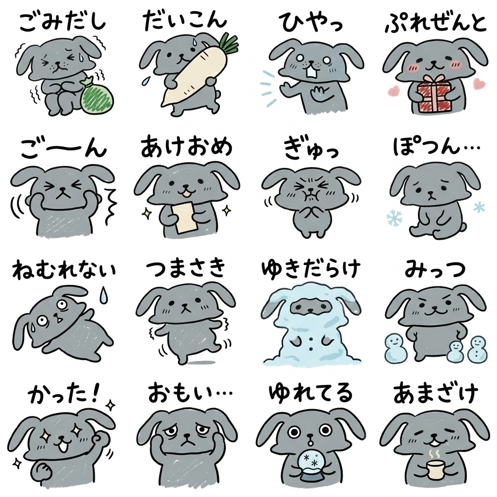 【手描き素材】ゆるくてかわいいグレーのうさぎ 冬のリアクション16種イラストセット Part8