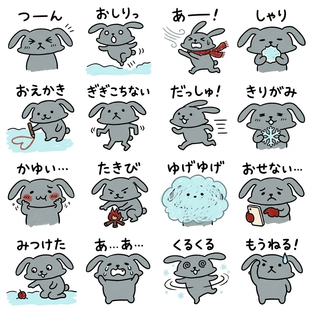【手描き素材】ゆるくてかわいいグレーのうさぎ 冬のリアクション16種イラストセット Part9