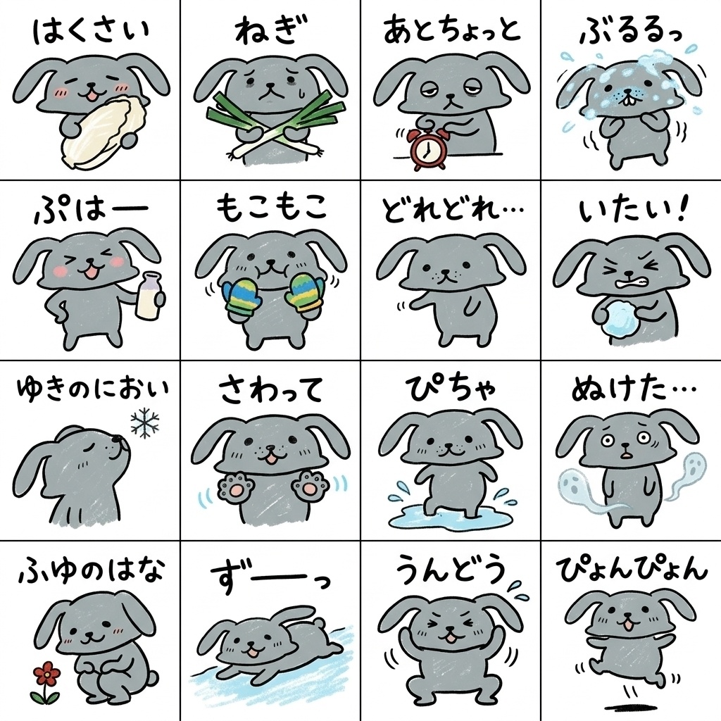 【手描き素材】ゆるくてかわいいグレーのうさぎ 冬のリアクション16種イラストセット Part10