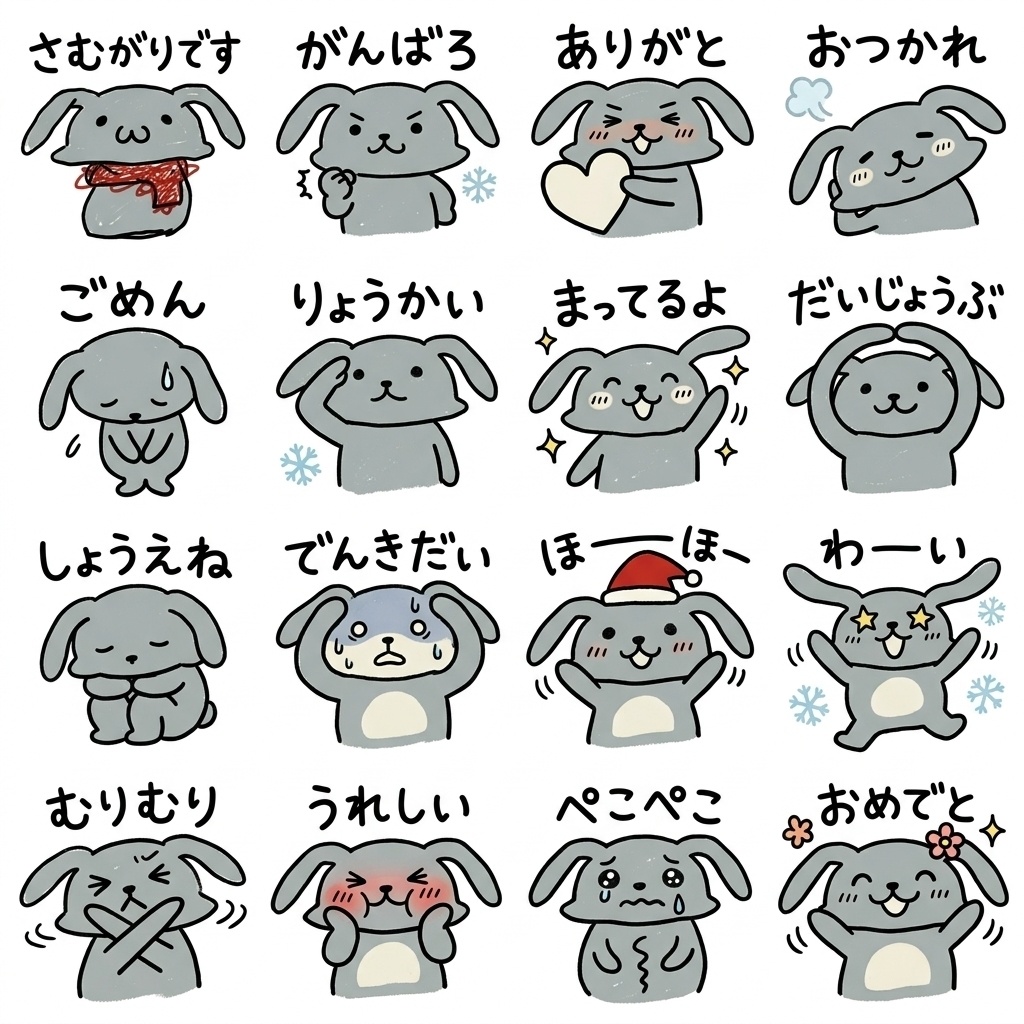【手描き素材】ゆるくてかわいいグレーのうさぎ 冬のリアクション16種イラストセット Part11