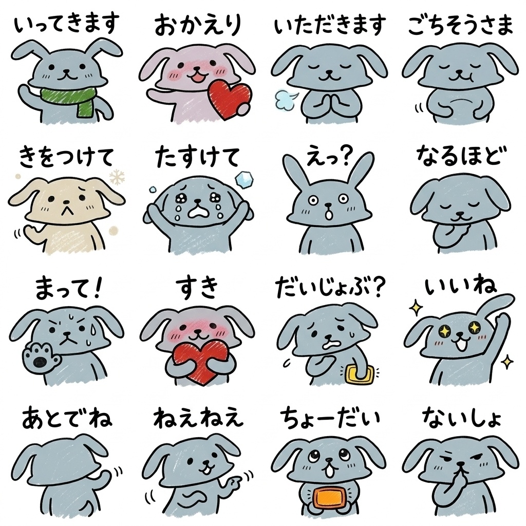 【手描き素材】ゆるくてかわいいグレーのうさぎ 冬のリアクション16種イラストセット Part12
