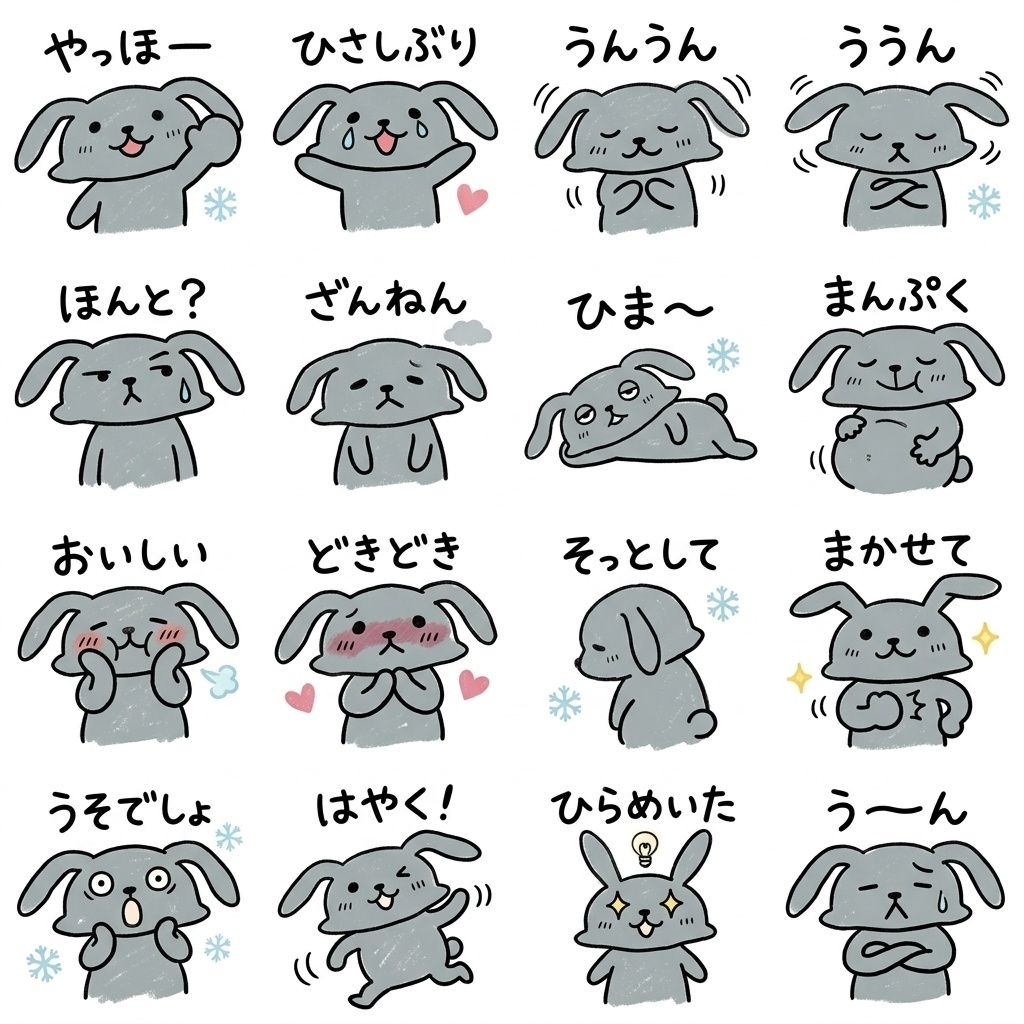 【手描き素材】ゆるくてかわいいグレーのうさぎ 冬のリアクション16種イラストセット Part13