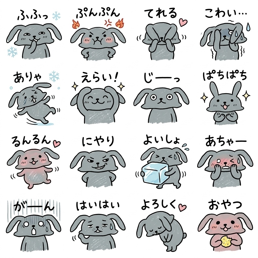 【手描き素材】ゆるくてかわいいグレーのうさぎ 冬のリアクション16種イラストセット Part14
