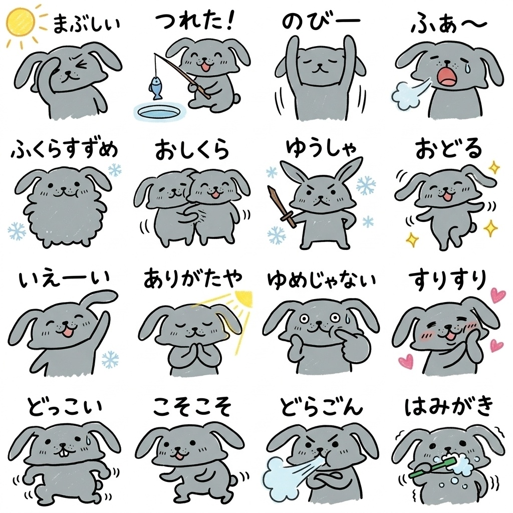 【手描き素材】ゆるくてかわいいグレーのうさぎ 冬のリアクション16種イラストセット Part15