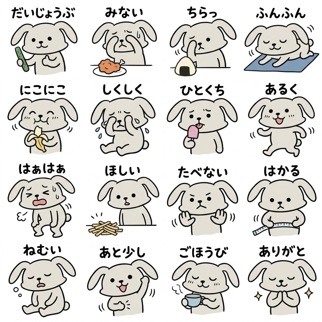 【画像素材・絵文字】ダイエット中の人へ！『今日も我慢、でも応援して』ゆるうさぎ16種セット
