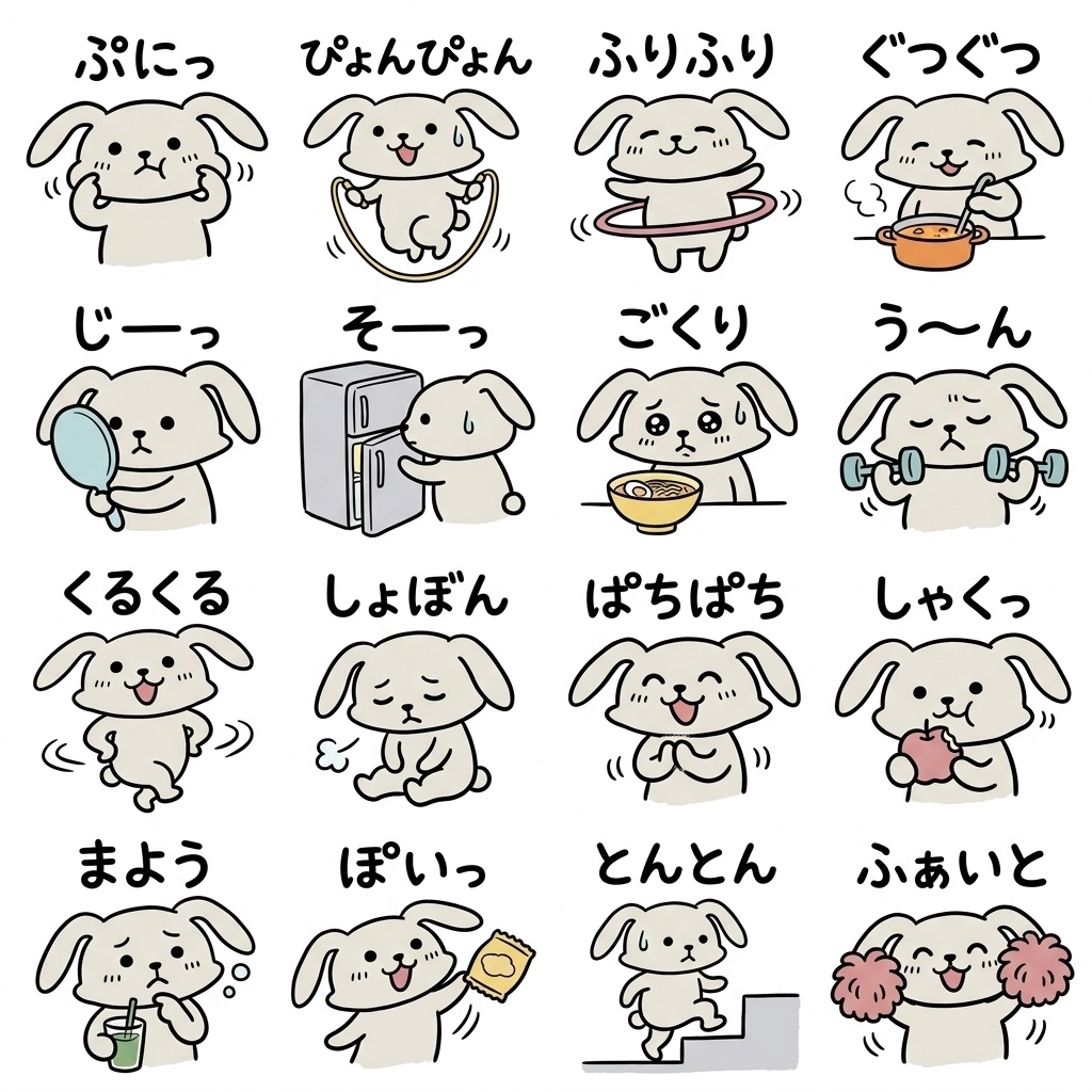 【画像素材・絵文字】ダイエット中の人へ！『今日も我慢、でも応援して』ゆるうさぎ文字付き16種セット