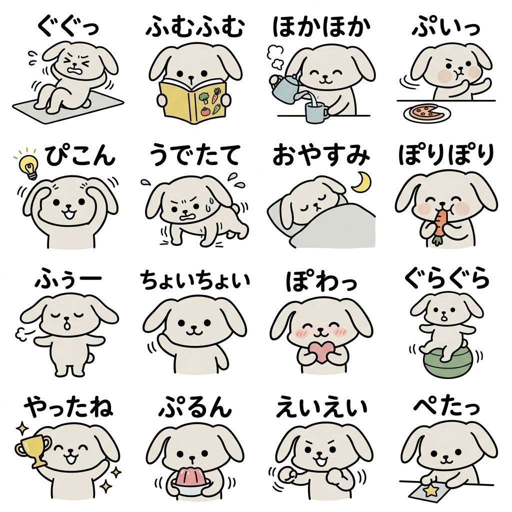 【画像素材・絵文字】ダイエット中の人へ！『今日も我慢、でも応援して』ゆるうさぎ文字付き16種セット