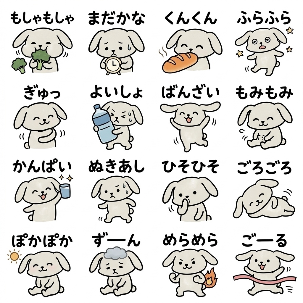 【画像素材・絵文字】ダイエット中の人へ！『今日も我慢、でも応援して』ゆるうさぎ文字付き16種セット