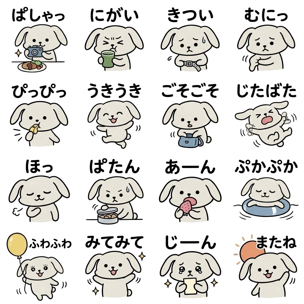 【画像素材・絵文字】ダイエット中の人へ！『今日も我慢、でも応援して』ゆるうさぎ文字付き16種セット