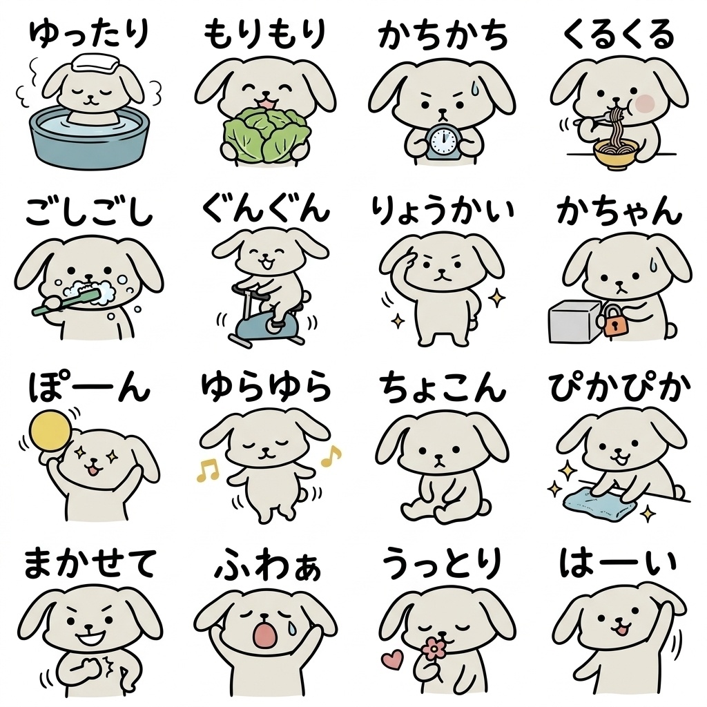【画像素材・絵文字】ダイエット中の人へ！『今日も我慢、でも応援して』ゆるうさぎ文字付き16種セット