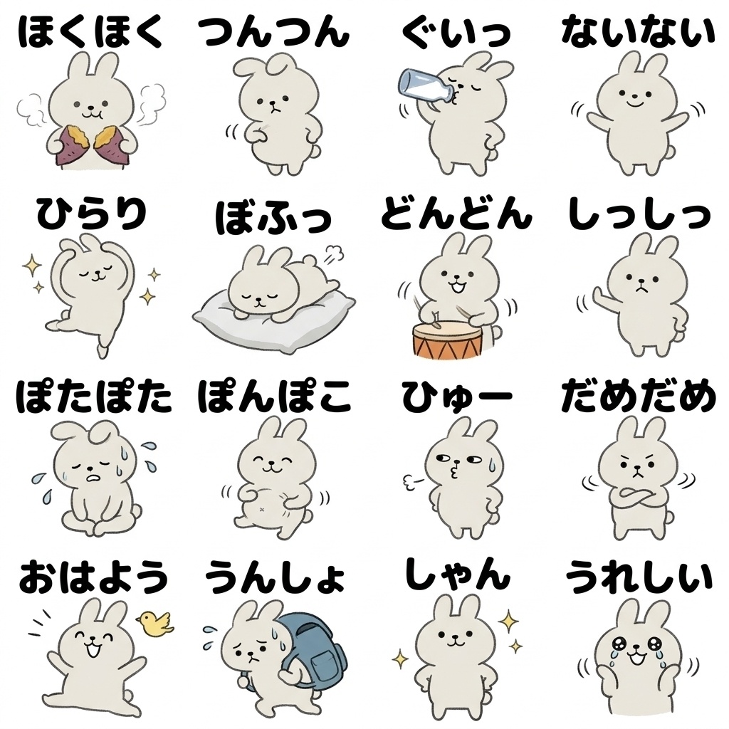 【画像素材・絵文字】ダイエット中の人へ！『今日も我慢、でも応援して』ゆるうさぎ文字付き16種セット