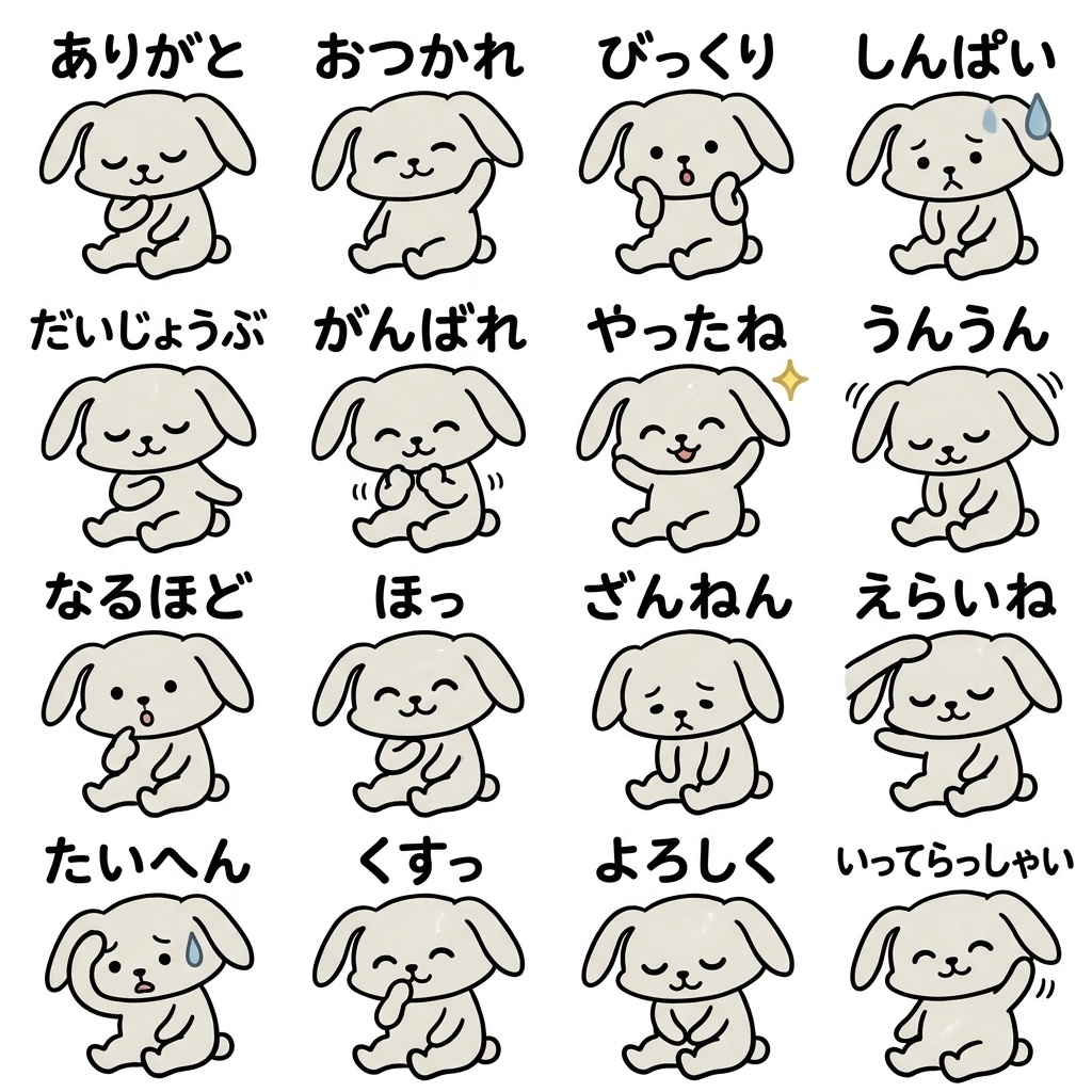 【画像素材】ママ友・保護者連絡に！手描き風うさぎの相槌イラスト16種セット Vol.10