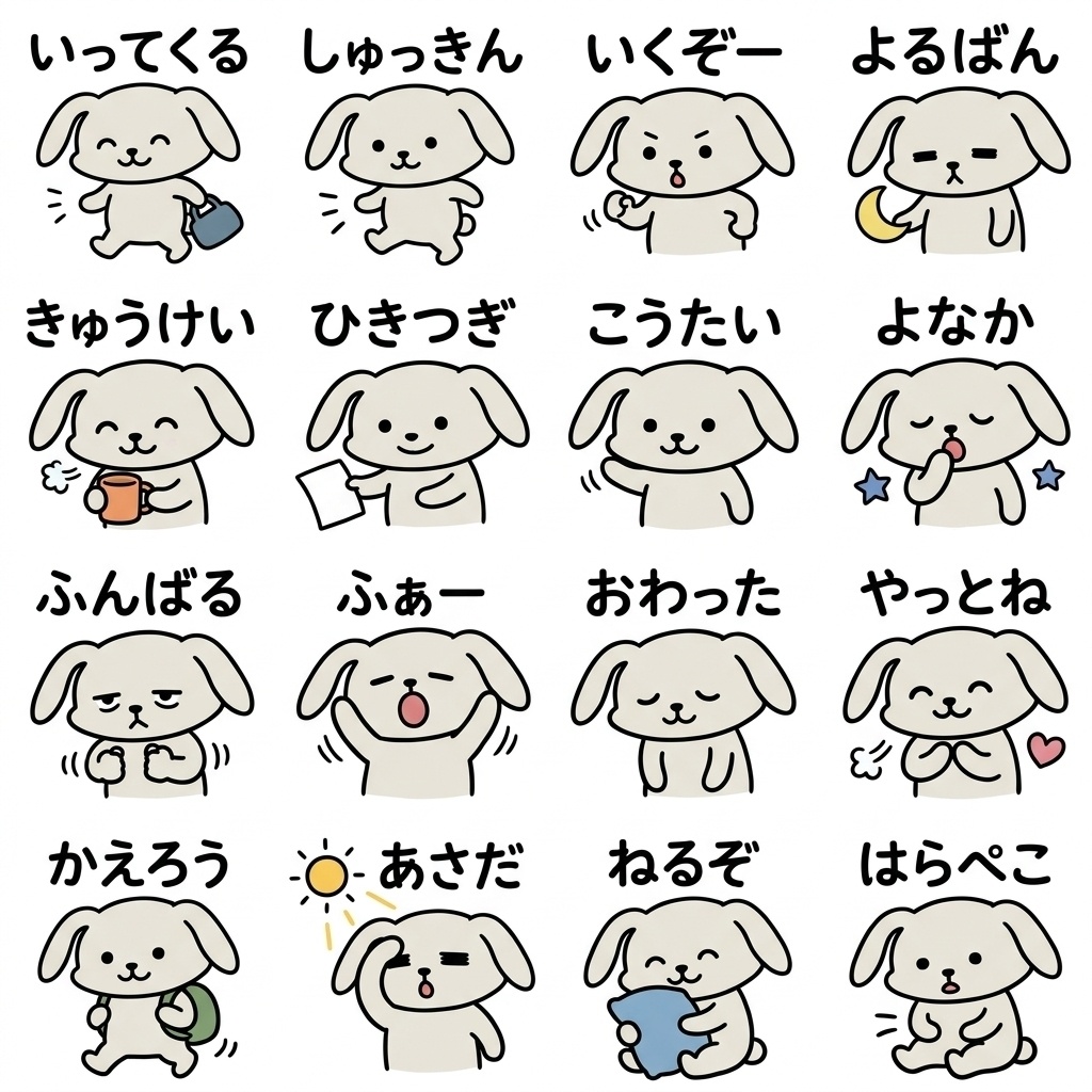 【画像素材】夜勤・シフト勤務に！手描き風うさぎの仕事報告イラスト16種セット