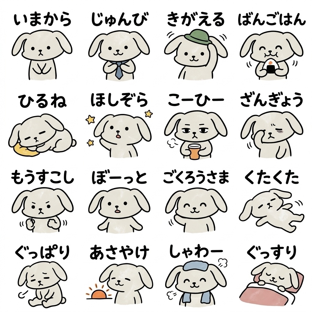 【画像素材】夜勤・シフト勤務に!手描き風うさぎの仕事報告イラスト16種セット Vol.2