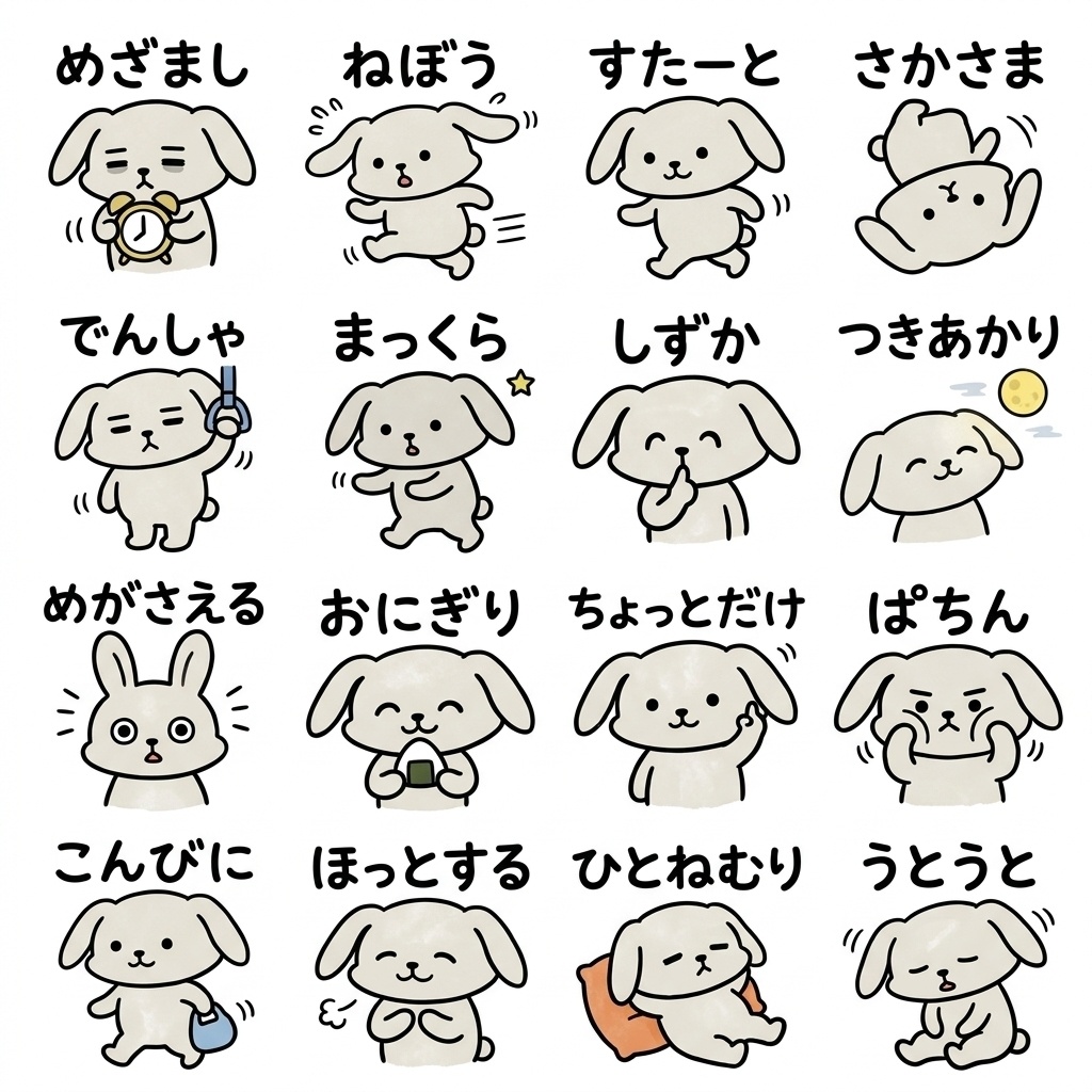 【画像素材】夜勤・シフト勤務に！手描き風うさぎの仕事報告イラスト16種セット Vol.3