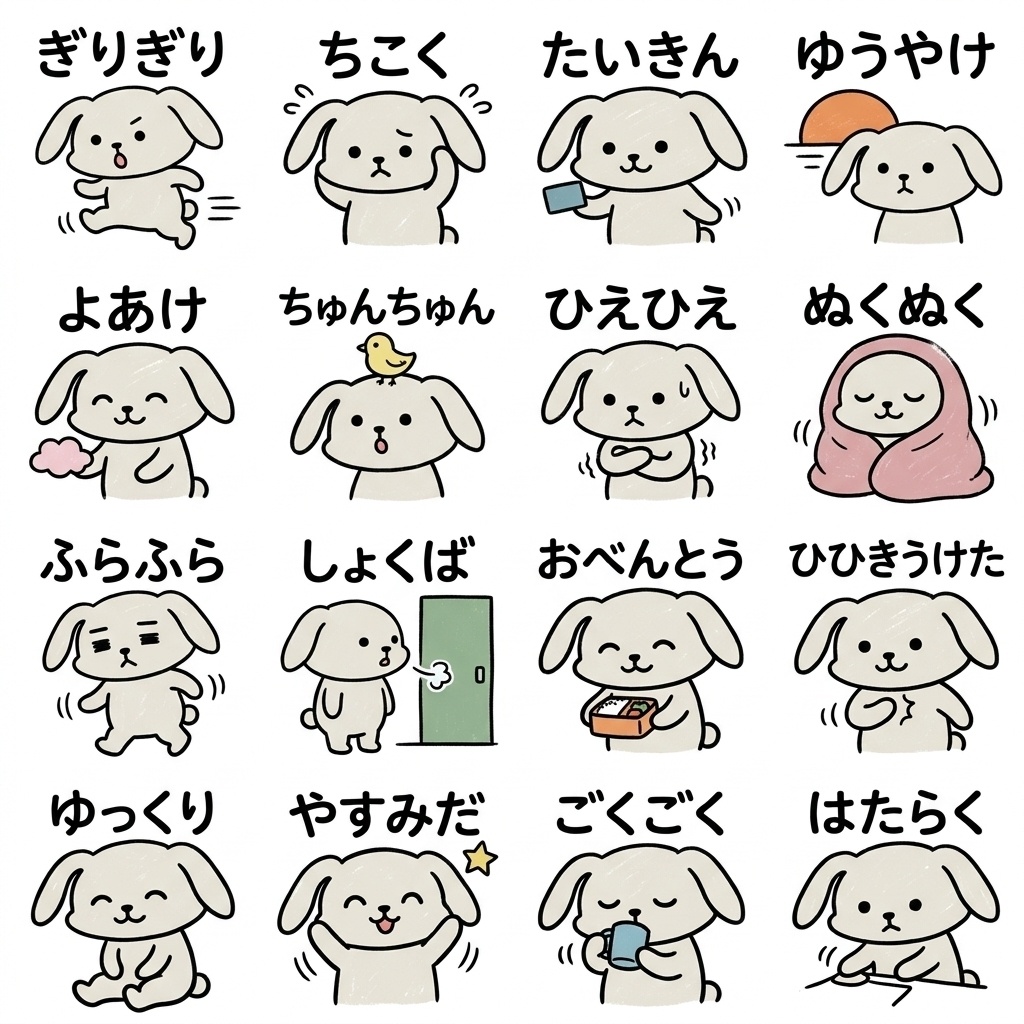 【画像素材】夜勤・シフト勤務に！手描き風うさぎの仕事報告イラスト16種セット Vol.4