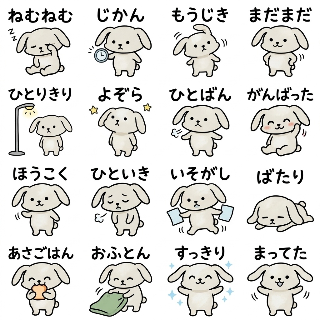 【画像素材】夜勤・シフト勤務に！手描き風うさぎの仕事報告イラスト16種セット Vol.5