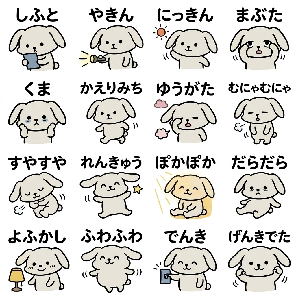 【画像素材】夜勤・シフト勤務に！手描き風うさぎの仕事報告イラスト16種セット Vol.6