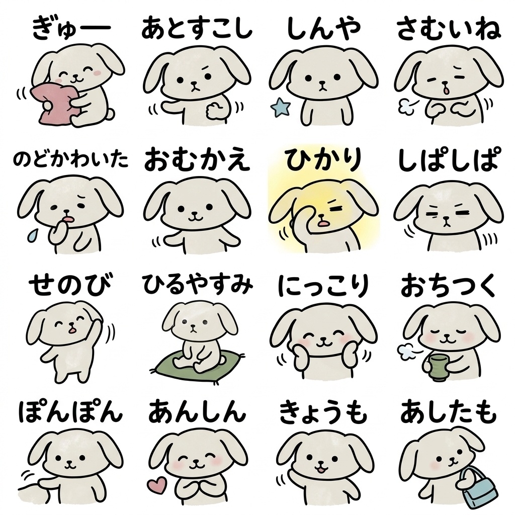 【画像素材】夜勤・シフト勤務に！手描き風うさぎの仕事報告イラスト16種セット Vol.7