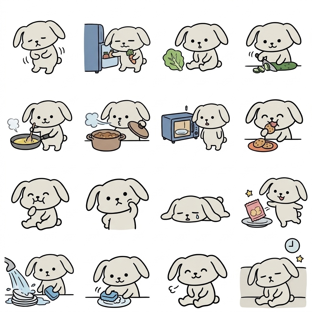 【画像素材】自炊・お料理に!手描き風うさぎのごはん報告イラスト16種セット