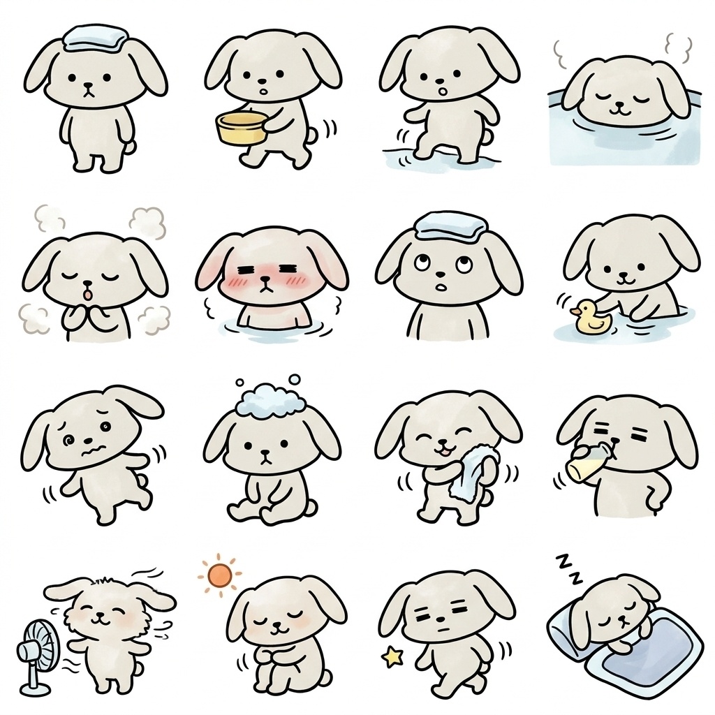 【画像素材】お風呂・銭湯・温泉に!手描き風うさぎのリラックス・日常イラスト16種セット