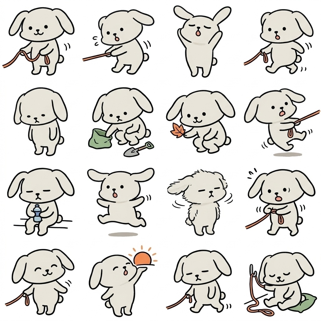 【画像素材】犬の散歩・ペットに！手描き風うさぎのお散歩イラスト16種セット