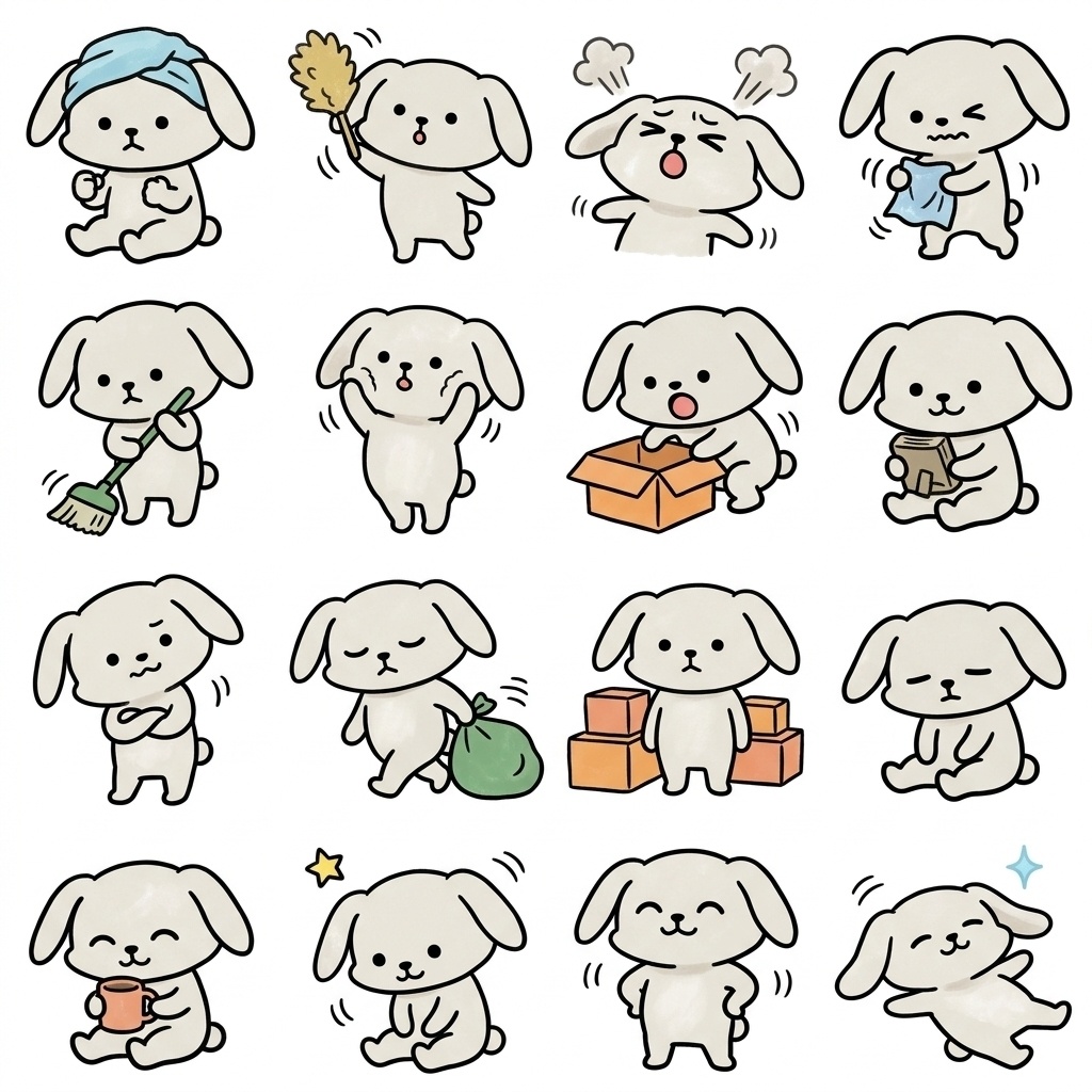 【画像素材】大掃除・断捨離に！手描き風うさぎの日常イラスト16種セット