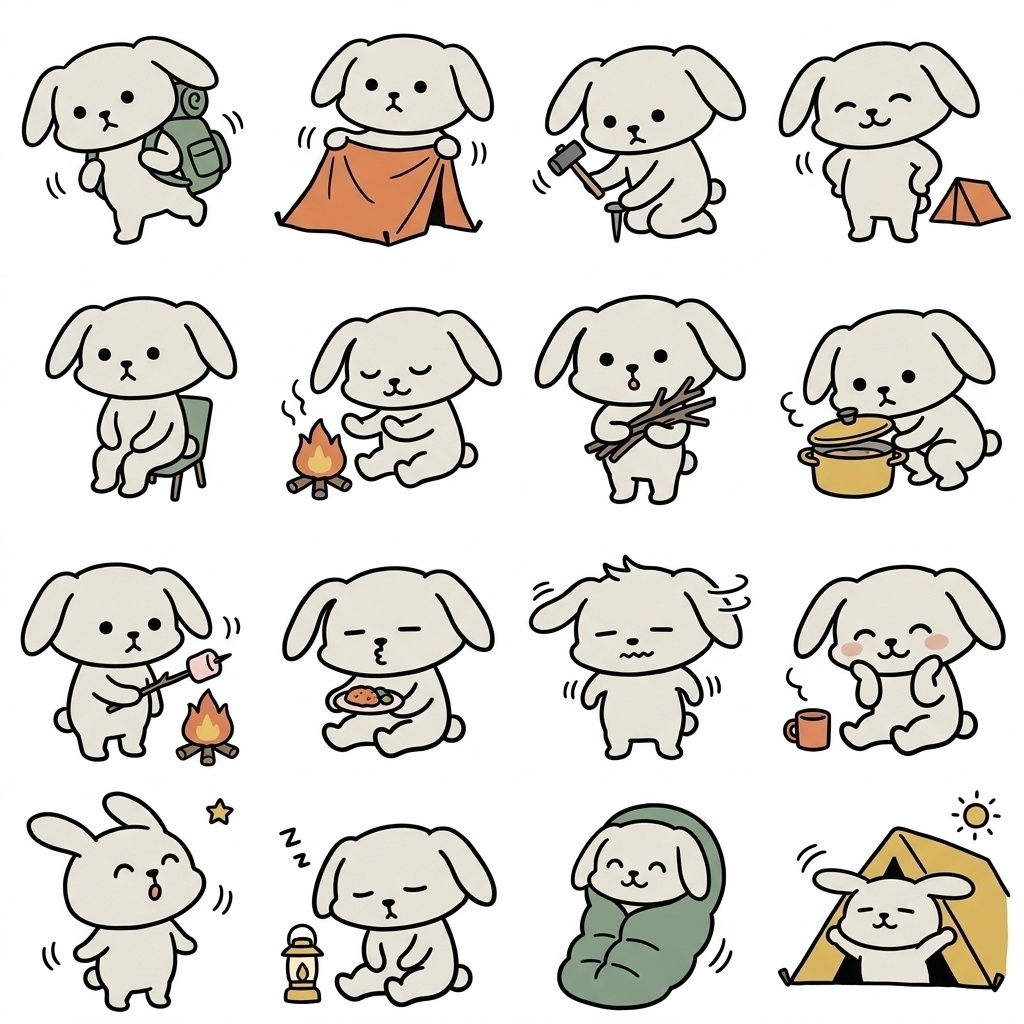 【画像素材】ソロキャンプ・秋キャンプに！手描き風うさぎのアウトドアイラスト16種セット