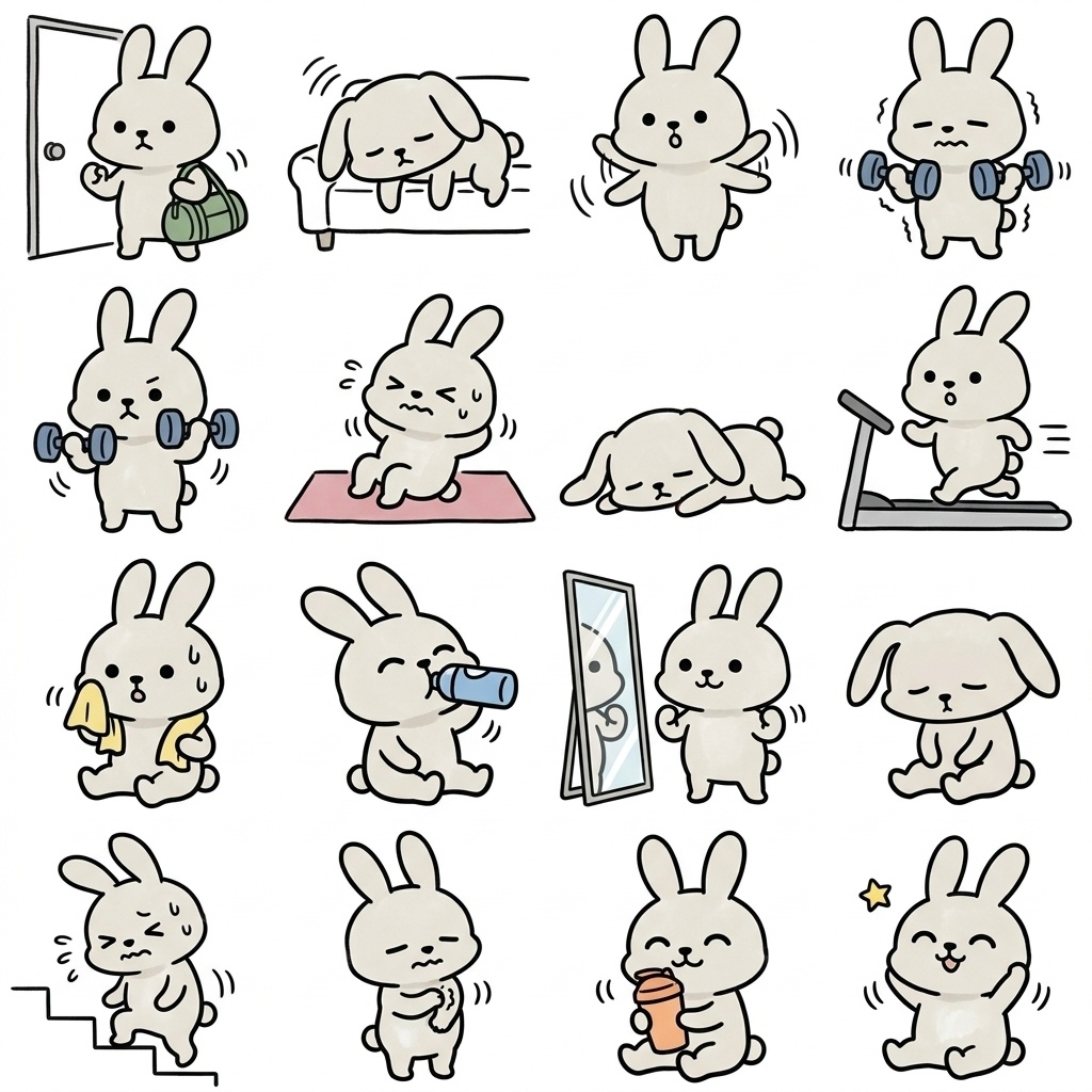 【画像素材】筋トレ・ジム通いに!手描き風うさぎの運動イラスト16種セット
