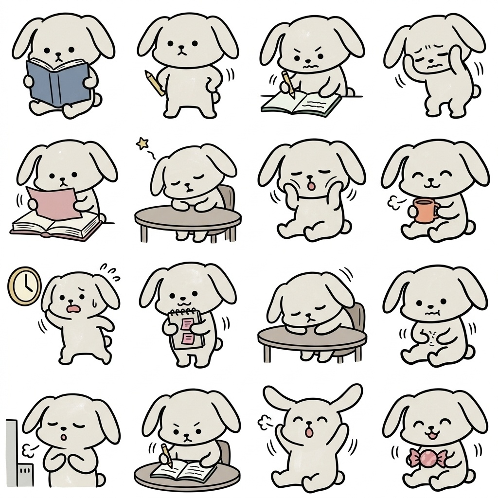 【画像素材】資格勉強・テスト前に！手描き風うさぎの日常イラスト16種セット