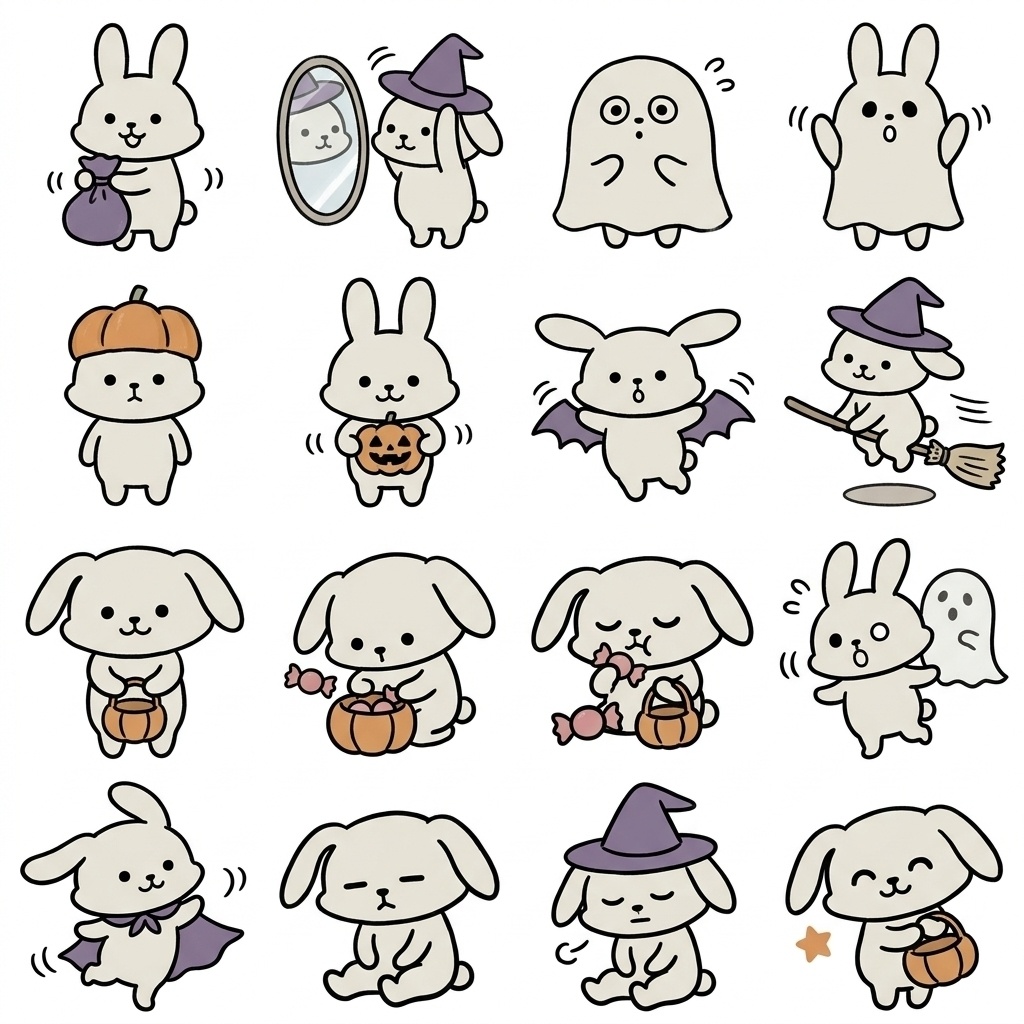 【画像素材】ハロウィン・仮装パーティーに!手描き風うさぎの日常イラスト16種セット