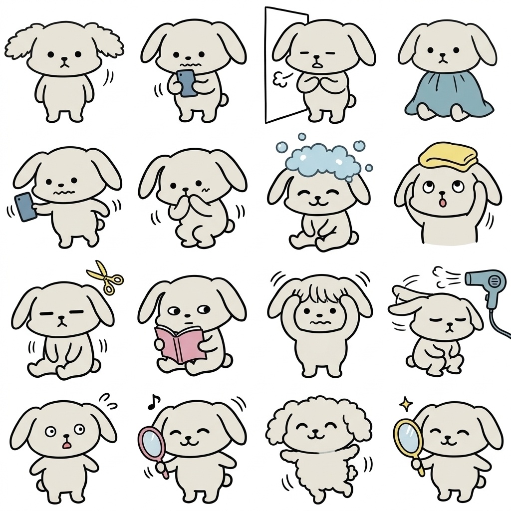【画像素材】美容院・ヘアカットに！手描き風うさぎの日常イラスト16種セット