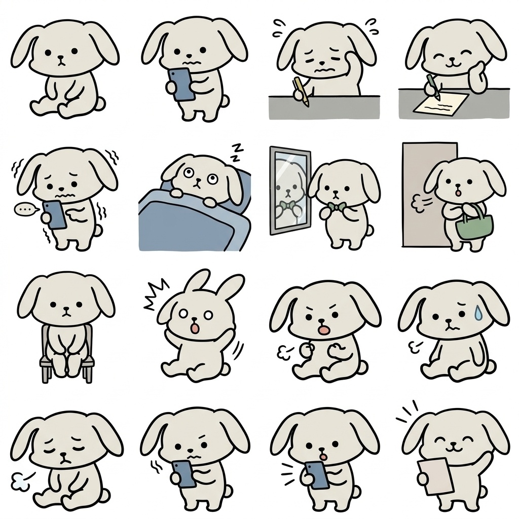 【画像素材】転職活動・面接前に！手描き風うさぎの日常イラスト16種セット