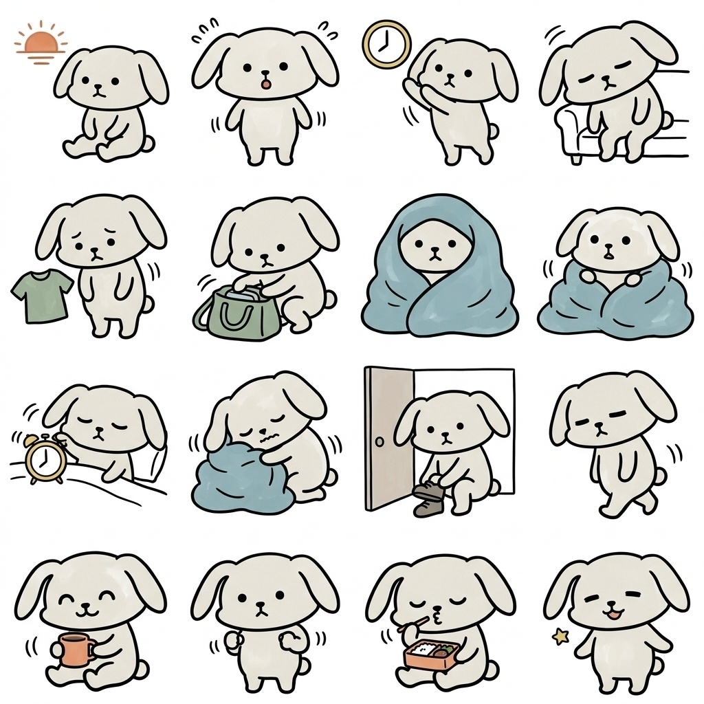 【画像素材】日曜夜の憂鬱・月曜の朝に！手描き風うさぎの日常イラスト16種セット
