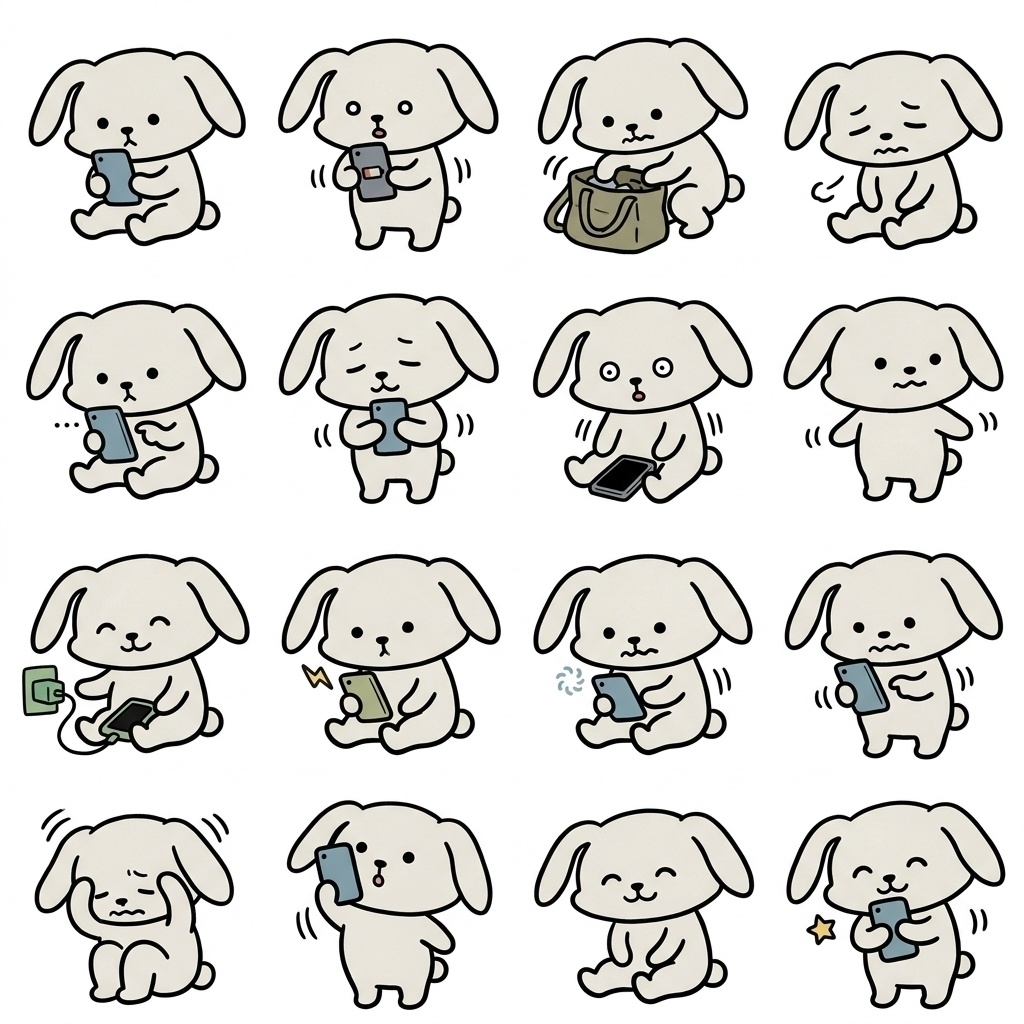 【画像素材】スマホ充電切れ・ギガ不足に！手描き風うさぎの日常イラスト16種セット