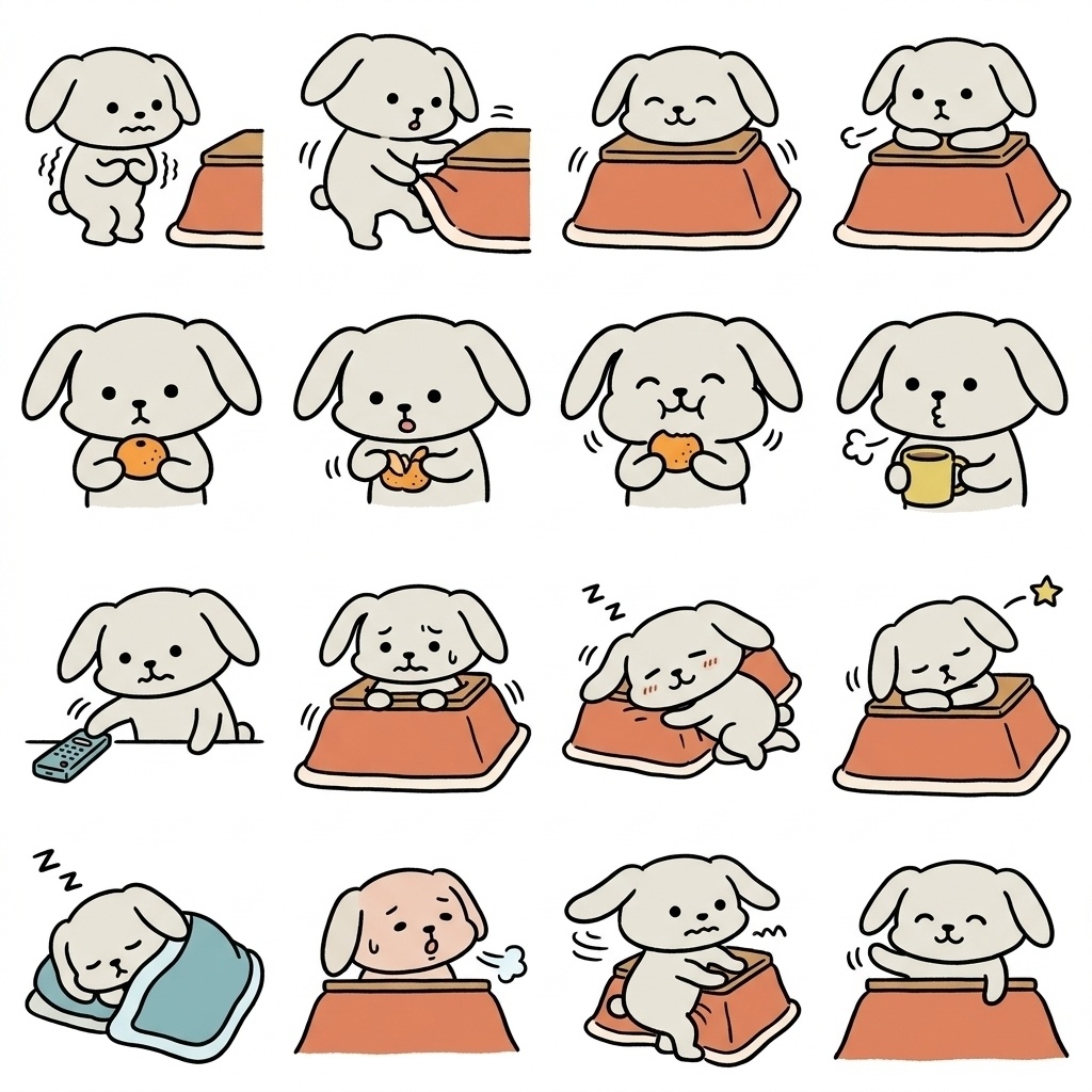 【画像素材】こたつでぬくぬく・冬のおうち時間に!手描き風うさぎの日常イラスト16種セット