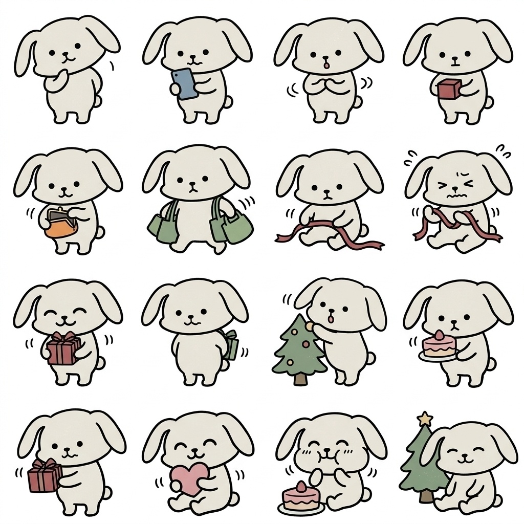 【画像素材】クリスマスのプレゼント選び・準備に！手描き風うさぎの日常イラスト16種セット