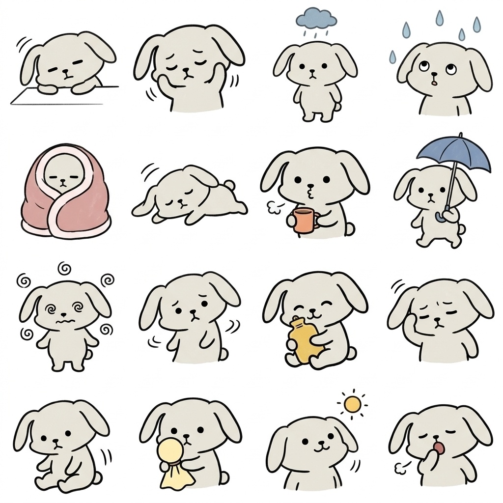 【画像素材】雨の日や低気圧・天気痛に！手描き風うさぎの日常イラスト16種セット