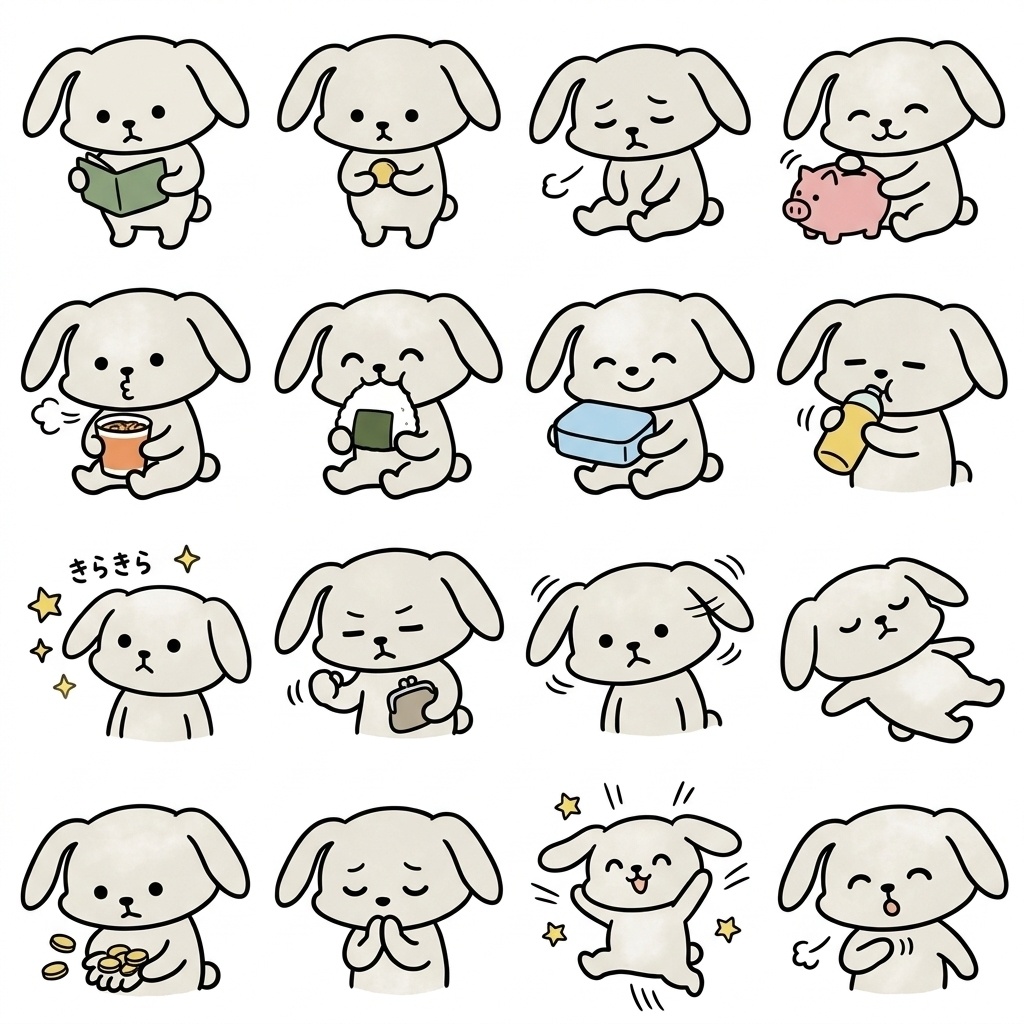 【画像素材】金欠・節約生活のやりくりに！手描き風うさぎの日常イラスト16種セット